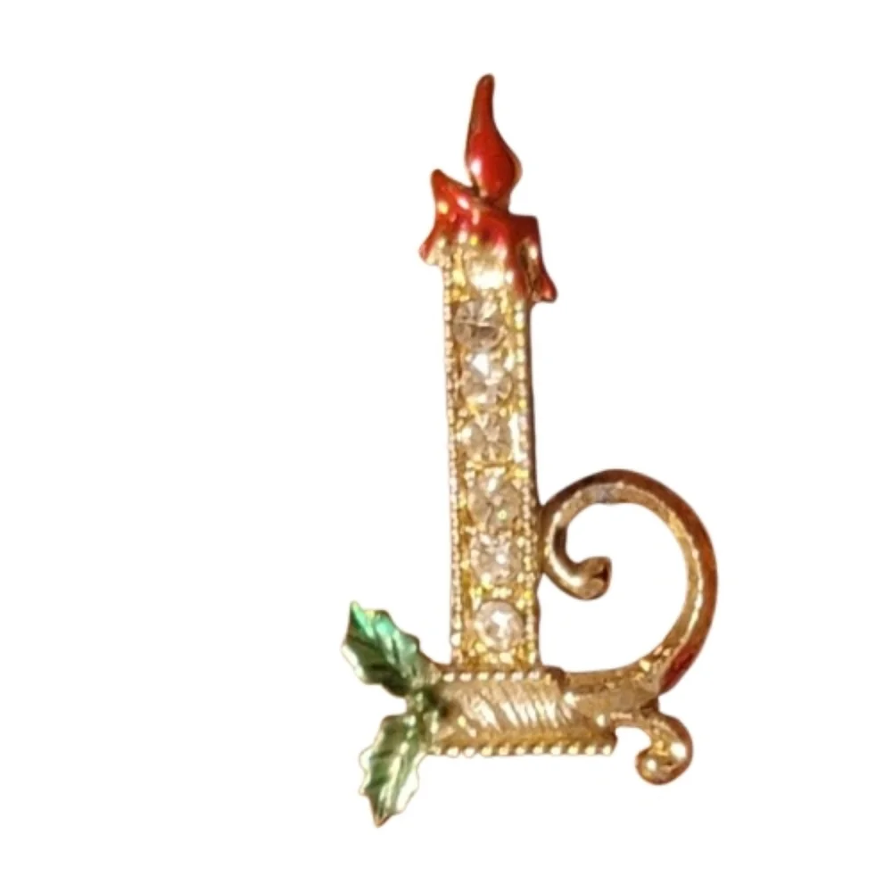 Vintage Rhinestone Christmas Candle Brooch Gold Tone Holly Candlestick Pin
